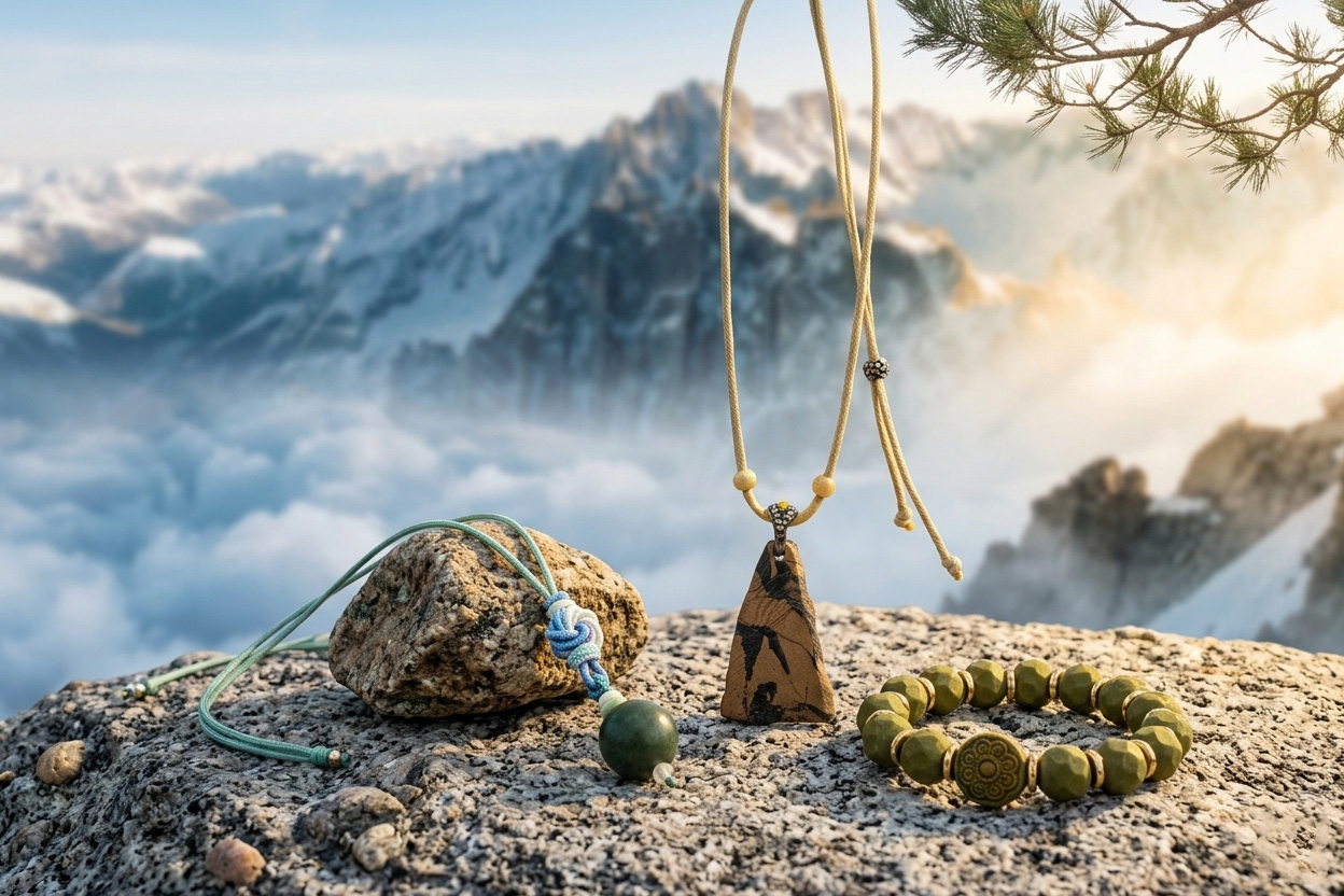 Handmade Zcheer wearable incense necklace and bracelet placed on natural stone with a misty mountain background.