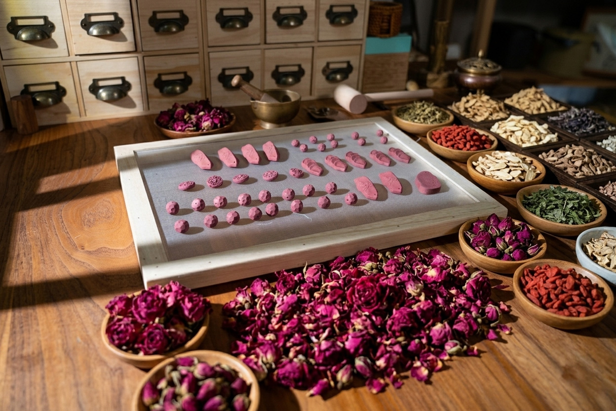 Natural incense materials, incense powder, and Zcheer wearable incense jewelry arranged on a simple craft table.