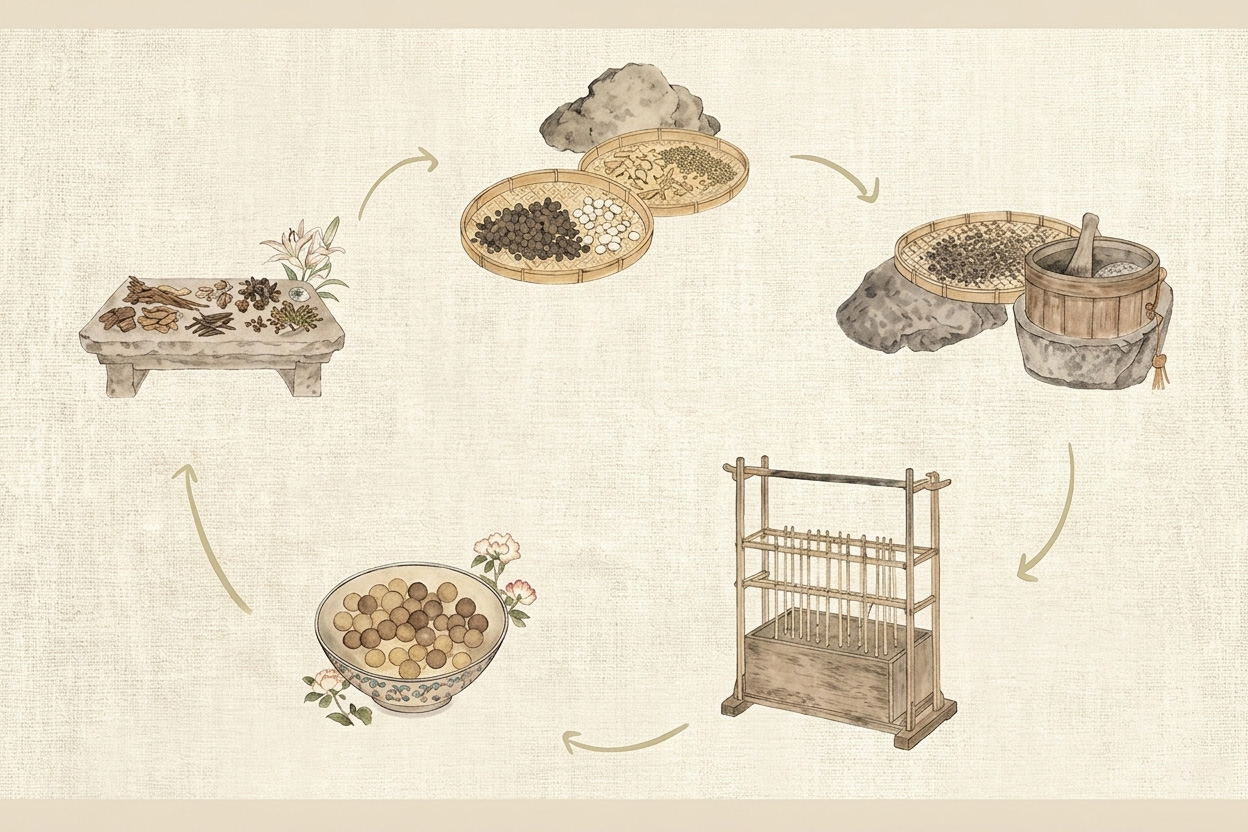 Natural incense materials, incense powder, and Zcheer wearable incense jewelry arranged on a simple craft table.