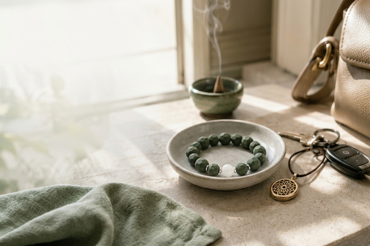 Zcheer wearable incense spiritual jewelry placed with natural incense materials in soft morning light before leaving home.