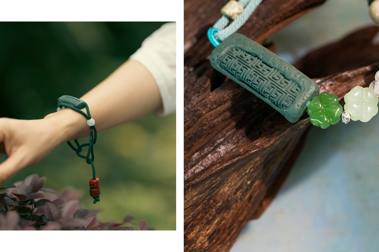 Zcheer wearable incense jewelry featuring Huiwen meander pattern on the front and Beidou constellation on the back.