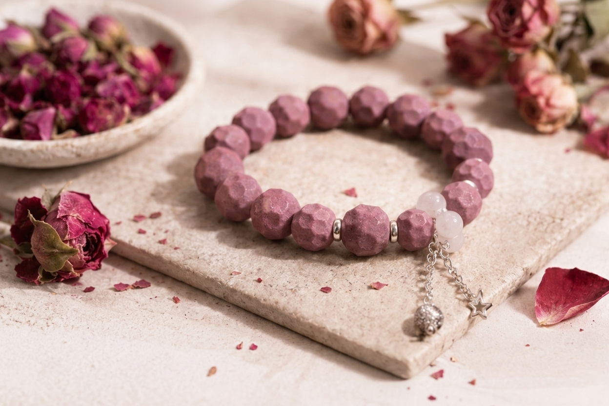 Zcheer rose incense bracelet made with rose-colored incense beads and natural rose formula materials.