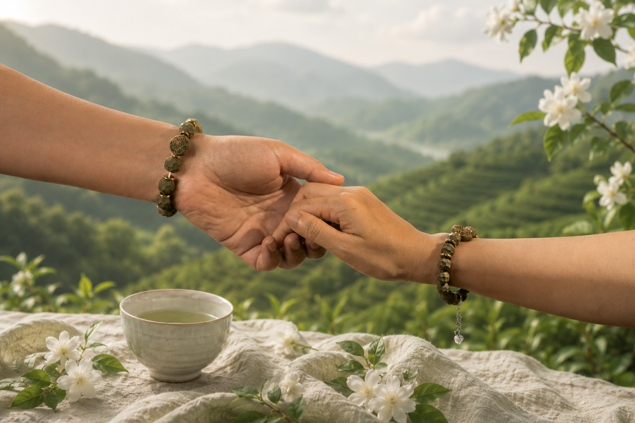 Zcheer couple incense bracelets worn by two people, made with Wuxiang beads and a jasmine Longjing incense formula.