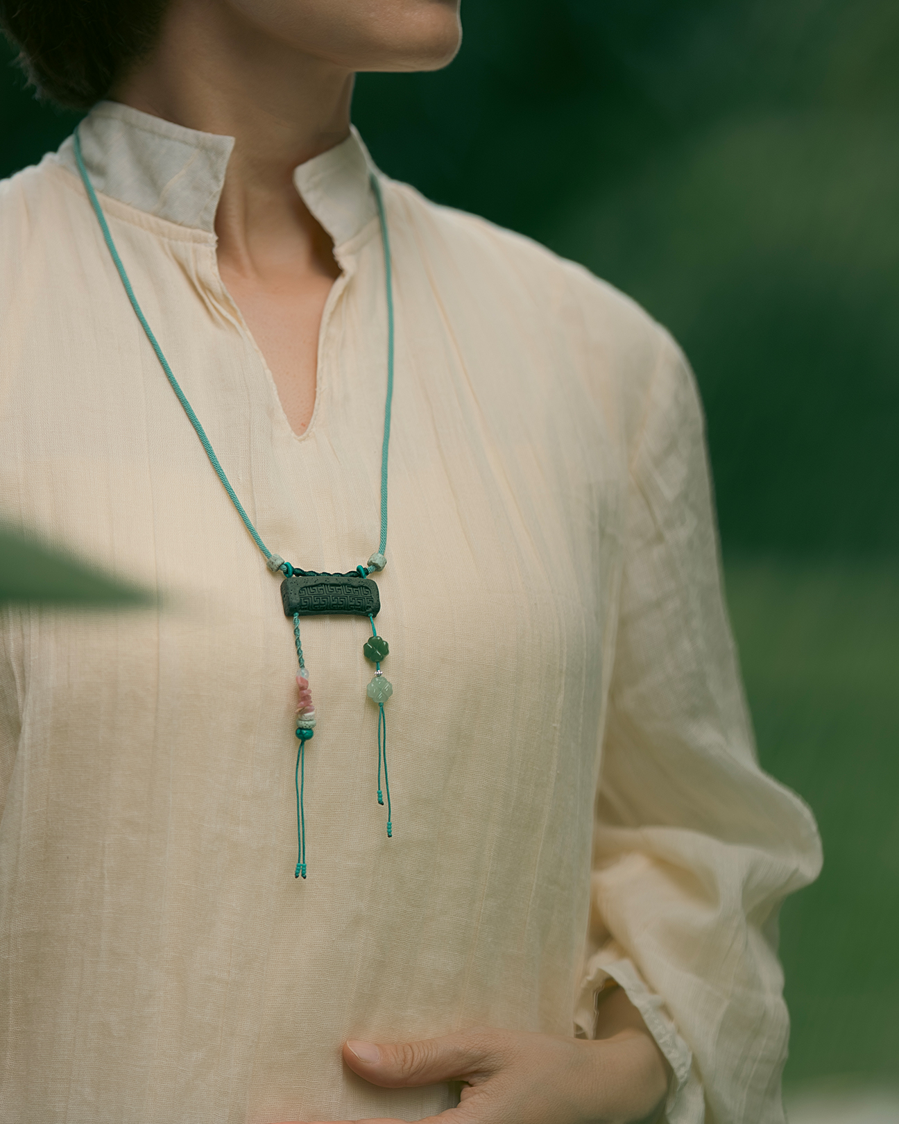 Adjustable Necklace – Blue Medicine Incense Pendant with Flowing Elements & Lucky Accents - Green · Dream Spirit · Flow Accent · Necklace · 30–63cm